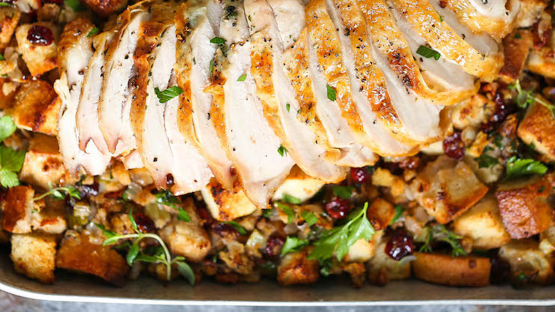 Sheet Pan Herb Roasted Turkey and Cranberry Pecan Stuffing